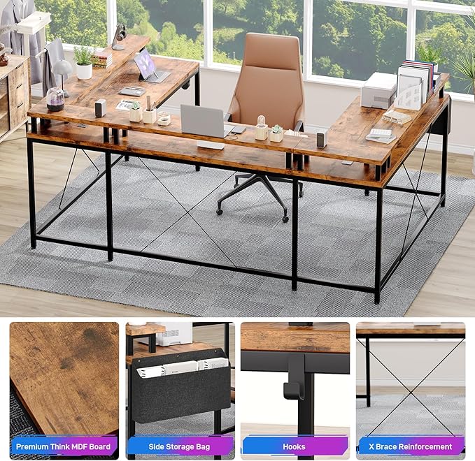 U Shaped Computer Gaming Desk, Reversible L Shaped Desk with Power Outlets, LED Strip & Monitor Stand, Large Corner Desk with Storage Shelves for Home Office, Rustic Brown - LeafyLoom