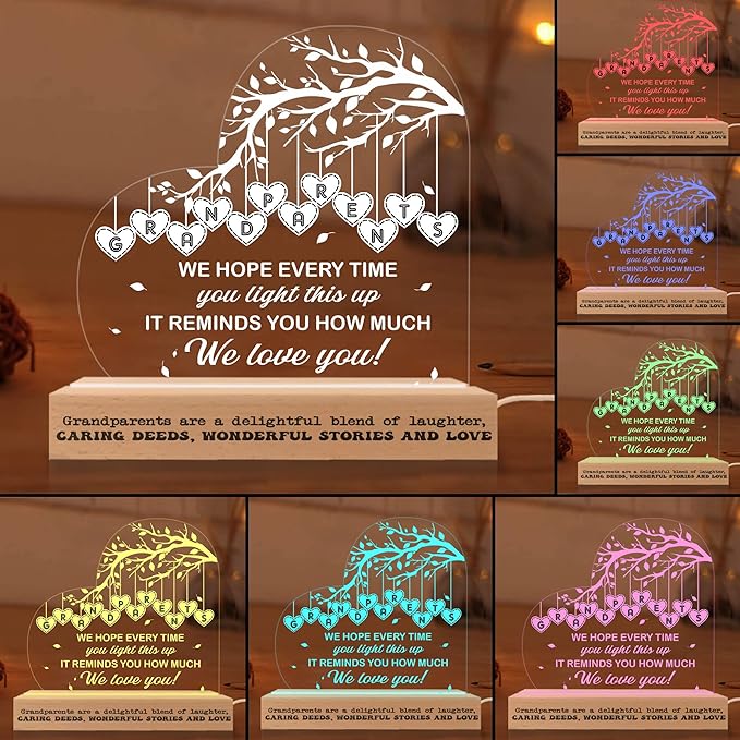 Grandparents 3D Illusion Lamp w/Wooden Base USB Powered, Acrylic Night Light, Grandma & Grandpa Gift from Grandchildrens, Grandparents Lamp Present, Gift for Birthday Fathers Day Mothers Day - LeafyLoom