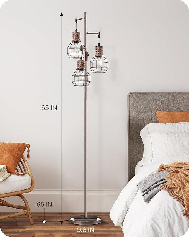 EDISHINE Dimmable Rustic Floor Lamp, Farmhouse Standing Lamp with 3 LED Edison Bulbs, Rattan Design Floor Lamps for Living Room, Bedroom, Reading Corner, Office, Electroplated Brushed Red Copper - LeafyLoom