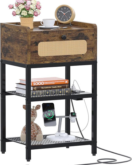 Night Stand, Side Table with Rattan Drawer, Nightstand with Charging Station, Industrial Bedside Table with 3-Tier Storage, Rustic Brown JET003CSR1 - LeafyLoom