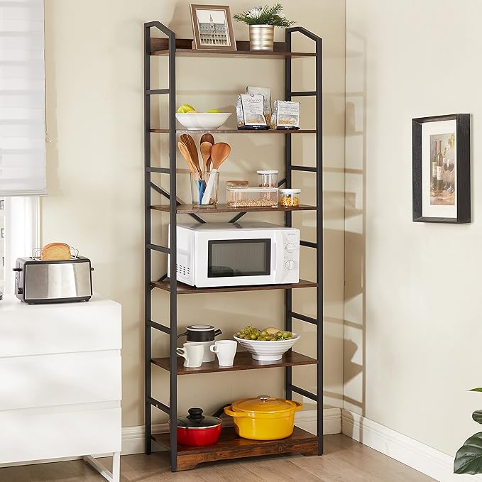 Vagusicc 6 Tier Bookshelf with 2 Storage Baskets, Tall Bookcase Shelf Storage Organizer Wood Book Shelf, Modern Shelf Rack Shelves with Steel Frame, Multipurpose Bookshelf for Bedroom Living Room - LeafyLoom
