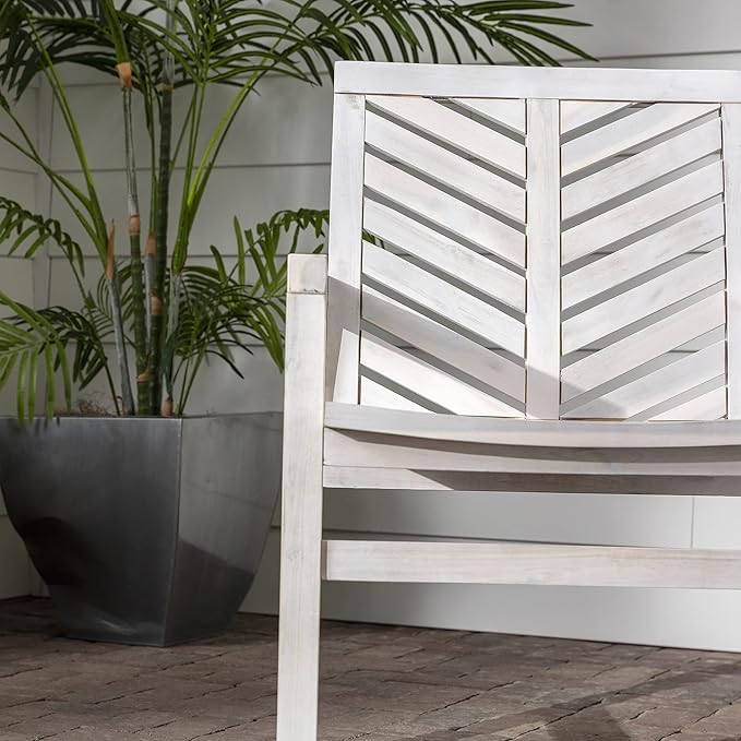 Walker Edison AZWC2VINWW Avalon Chevron Solid Acacia Wood Outdoor Chair, White Wash - LeafyLoom