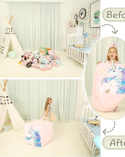 Kids Unicorn Bean Bag Chairs for Organizing Stuffed Animals, Girls Room Decorations Chair, Velvet Fabric Super Soft Large Size Cover Only - LeafyLoom