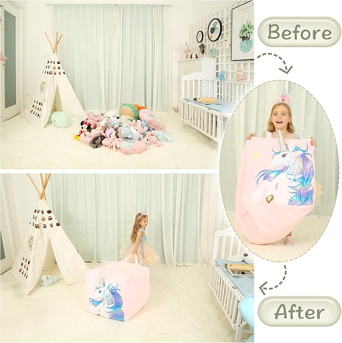 Kids Unicorn Bean Bag Chairs for Organizing Stuffed Animals, Girls Room Decorations Chair, Velvet Fabric Super Soft Large Size Cover Only - LeafyLoom