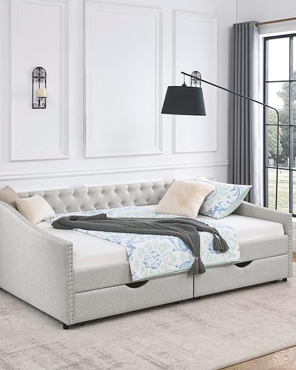 Queen Size Daybed with Drawers Upholstered Tufted Sofa Bed,with Button on Back and Copper Nail on Waved Shape Arms,for Small Space,Bedroom,Livingroom, Beige (84.5"x63.5"x26.5") - LeafyLoom