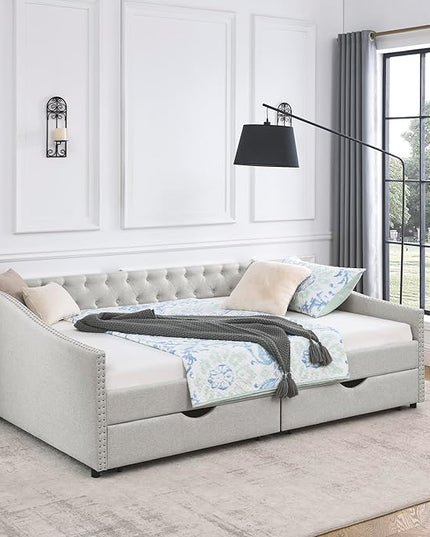 RITSU Modern Queen Size Daybed with Drawers Upholstered Sofa Bed, Tufted Buttons On Back, Wooden Frame， Copper Nail On Waved Shape Arms, for Bedroom, Living Room, Beige, 84.50 - LeafyLoom
