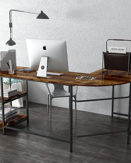Anivia 68.9" Reversible L Shaped Desk with Storage Shelves - Corner Computer Desks Gaming Table Workstation for Home Office, Writing, Study, Caramel Brown - LeafyLoom