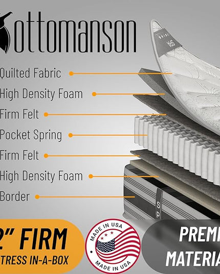 Ottomanson 12" Queen Mattress in a Box Made in USA, Firm Mattress, Hybrid Mattress Cool Improved Airflow with Edge to Edge Pocket Coil, Bed in A Box, Ottopedic - LeafyLoom