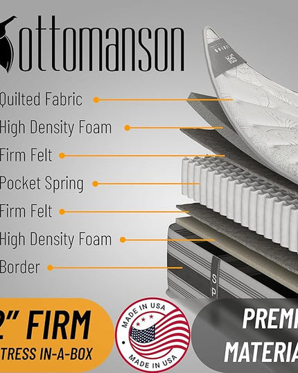 Ottomanson 12" Queen Mattress in a Box Made in USA, Firm Mattress, Hybrid Mattress Cool Improved Airflow with Edge to Edge Pocket Coil, Bed in A Box, Ottopedic - LeafyLoom