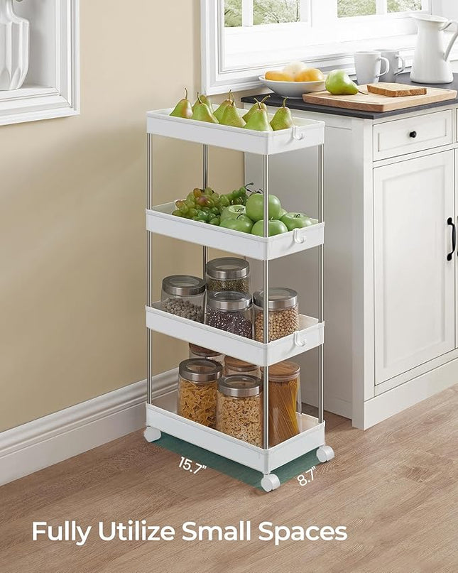 SONGMICS Slim Storage Cart, 4-Tier Rolling Cart, Narrow Utility Cart on Wheels, 6 Hooks, 360° Swivel Wheels, Lockable, Steel Frame, Bathroom, Kitchen, Office, Cloud White UKSC10WT - LeafyLoom