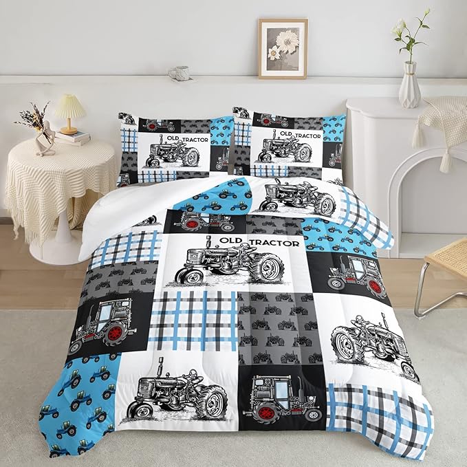 Axolotl Tractor Comforter Set Twin Size,Cartoon Truck Car Comforter Set for Boys,Farm Excavator Bedding Set with Old Tractor for Kids Boys Teens Adult All Season,1 Quilt 2 Pillowcases - LeafyLoom