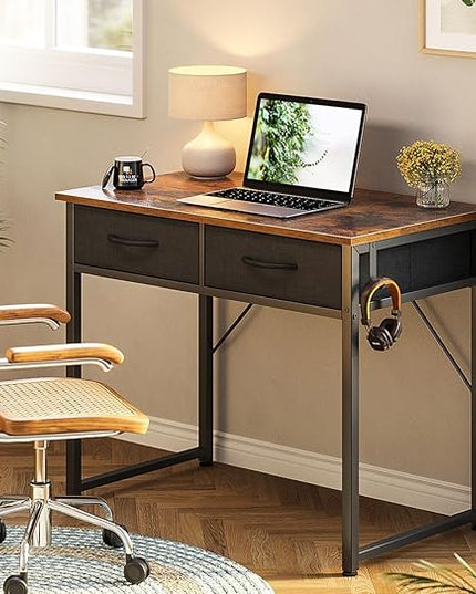 ODK Small Desk with Fabric Drawers- for Bedroom, Vanity Desk with Storage, Home Office Computer Desk for Small Spaces, 32 Inch Modern Work Writing Study Table, Vintage - LeafyLoom