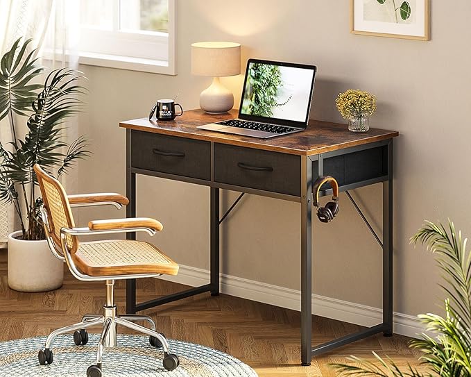 ODK Small Desk with Fabric Drawers- for Bedroom, Vanity Desk with Storage, Home Office Computer Desk for Small Spaces, 32 Inch Modern Work Writing Study Table, Vintage - LeafyLoom