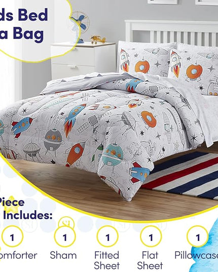 Kids Bedding Set Bed in a Bag for Boys and Girls Toddlers Printed Sheet Set and Comforter , Twin, Floating in Space - LeafyLoom