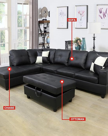 ROOMTEC Button L Shape 3 Piece Sectional Sofa Set, Upholstered Corner Couch with Storage Ottoman, Faux Leather Tufted Cushions, for Living Room, Apartment, 103inch, Black w/Left Chaise Lounge - LeafyLoom