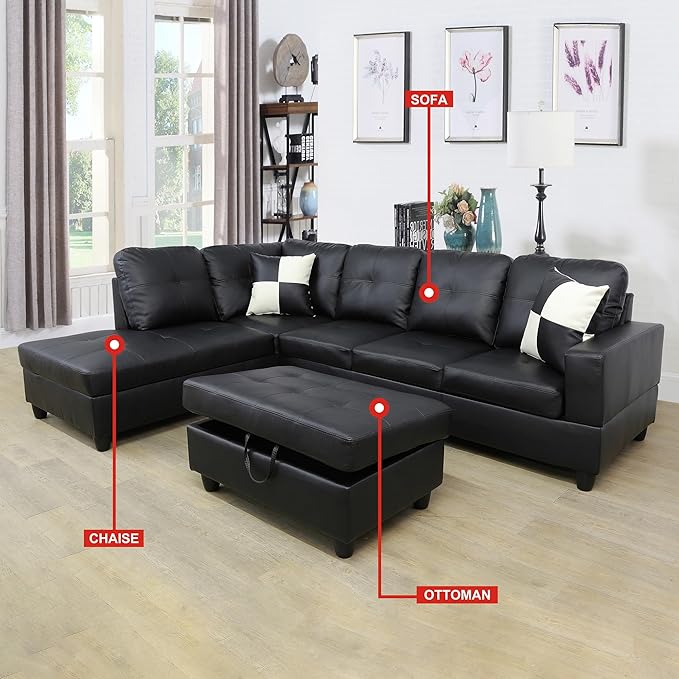 ROOMTEC Button L Shape 3 Piece Sectional Sofa Set, Upholstered Corner Couch with Storage Ottoman, Faux Leather Tufted Cushions, for Living Room, Apartment, 103inch, Black w/Left Chaise Lounge - LeafyLoom