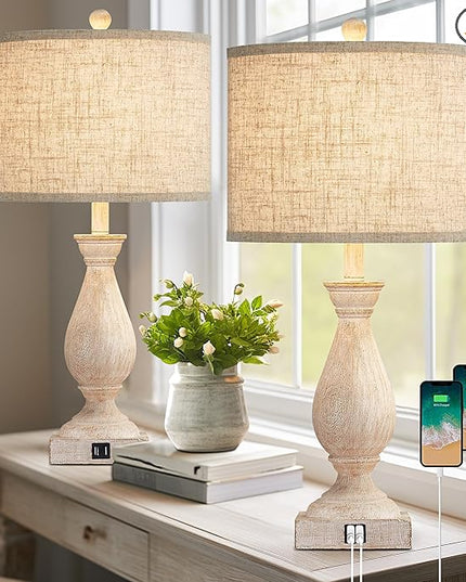 Farmhouse Table Lamps for Living Room Bedside Lamps for Nightstand Vintage Rustic Table Lamps for Bedrooms Set of 2 with USB Charging Ports Wooden Finish Bulbs Not Included - LeafyLoom
