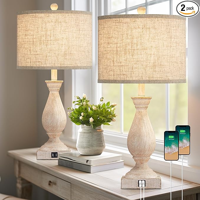 Farmhouse Table Lamps for Living Room Bedside Lamps for Nightstand Vintage Rustic Table Lamps for Bedrooms Set of 2 with USB Charging Ports Wooden Finish Bulbs Not Included - LeafyLoom