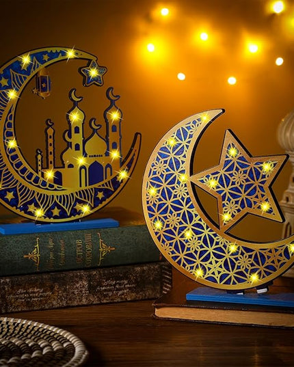2 Pcs Ramadan Eid Mubarak Crafts Night Light 3D Wooden Moon Star Lights Ramadan Decorations LED Eid Mubarak Lamp Decor Ramadan Table Sign for Tabletop Home Party Supplies(Blue and Gold) - LeafyLoom