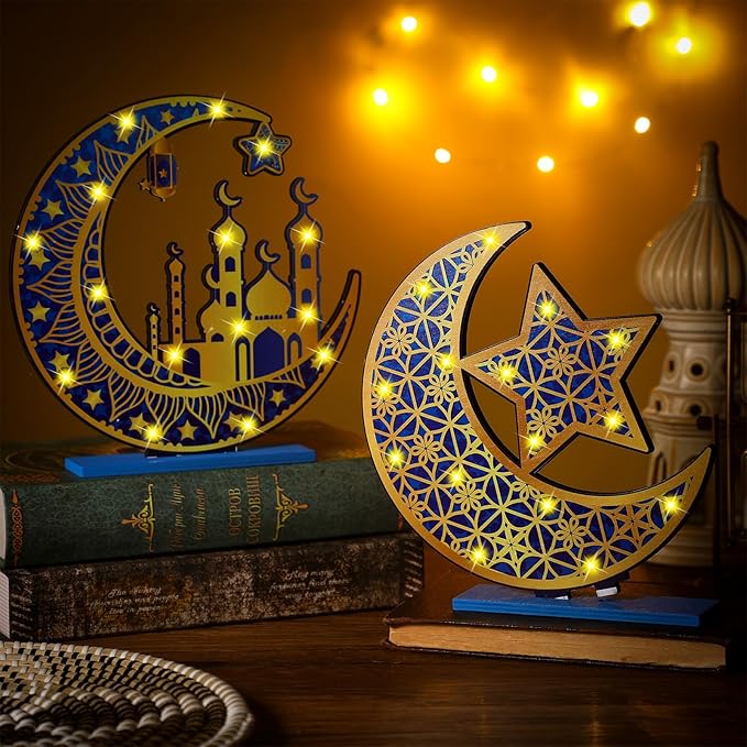 2 Pcs Ramadan Eid Mubarak Crafts Night Light 3D Wooden Moon Star Lights Ramadan Decorations LED Eid Mubarak Lamp Decor Ramadan Table Sign for Tabletop Home Party Supplies(Blue and Gold) - LeafyLoom