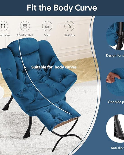Lazy Chair with Folding Ottoman Modern Large Accent Chair,Contemporary Lounge Leisure Sofa Chair with Armrests Upholstered Sofa Armchair Reading Chair for Bedroom,Dorm & Office,Blue - LeafyLoom