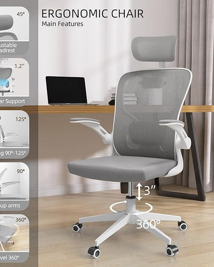 Office Chairs, Ergonomic Office Chair, Computer Chair with Adjustable Headrest, Lumbar Support, 2D Armrest, Metal Base and Iron Legs, White Frame Grey Mesh Office Chair - LeafyLoom