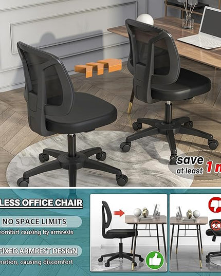 Armless Office Chair Ergonomic Swivel Small Computer Desk Chairs No Armrests with Wheels Adjustable Height Black Task Chairs without Arms for Small Spaces - LeafyLoom