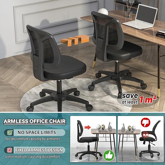 Armless Office Chair Ergonomic Swivel Small Computer Desk Chairs No Armrests with Wheels Adjustable Height Black Task Chairs without Arms for Small Spaces - LeafyLoom