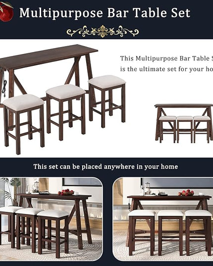Multipurpose Dining Table Set with 3 Upholstered Stools, Easy to Assemble, Weight Capacity 350 LBS, for Living, Guest Room, Home Bar, Kitchen, Dark Walnut, 4-Piece - LeafyLoom