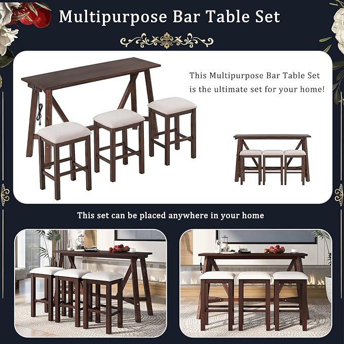 Multipurpose Dining Table Set with 3 Upholstered Stools, Easy to Assemble, Weight Capacity 350 LBS, for Living, Guest Room, Home Bar, Kitchen, Dark Walnut, 4-Piece - LeafyLoom