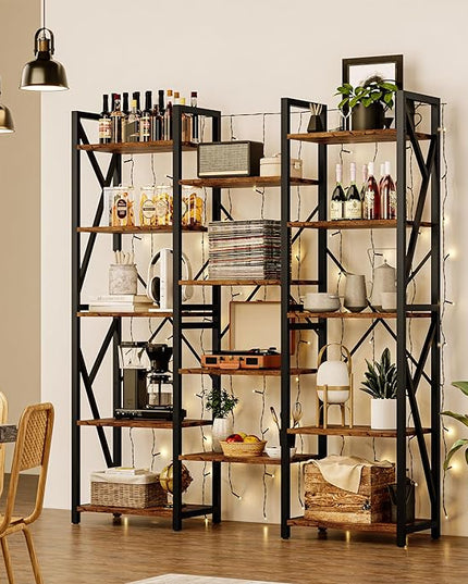 GAOMON Triple Wide 5 Tier Book Shelf, 70.8” Tall Bookcase with 14 Open Shelves, Large Industrial Bookshelves and Bookcases with Metal Frame for Home Office, Study Room, Living Room-Rustic Brown - LeafyLoom