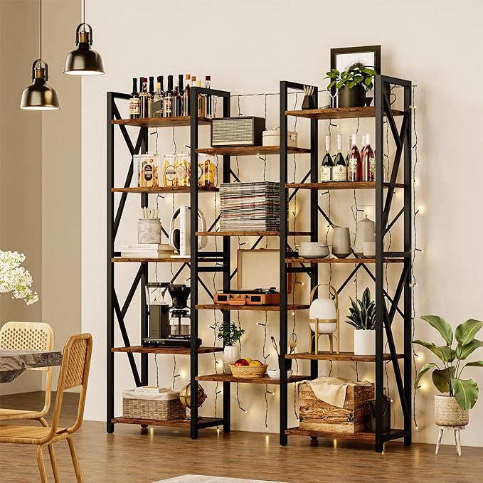GAOMON Triple Wide 5 Tier Book Shelf, 70.8” Tall Bookcase with 14 Open Shelves, Large Industrial Bookshelves and Bookcases with Metal Frame for Home Office, Study Room, Living Room-Rustic Brown - LeafyLoom