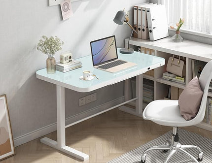 45.27 * 23.6 Height Adjustable Electric Standing Desk with Storage Sit Stand Desk Stand Up Desk Computer Desk Home Office Desk Tempered Glass Desktop (Tempered Glass/White Frame) - LeafyLoom