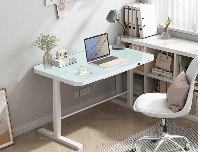 45.27 * 23.6 Height Adjustable Electric Standing Desk with Storage Sit Stand Desk Stand Up Desk Computer Desk Home Office Desk Tempered Glass Desktop (Tempered Glass/White Frame) - LeafyLoom