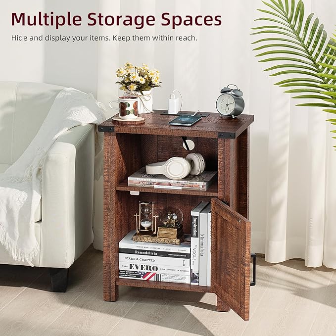 Night Stand with Charging Station and USB Port, 18 Inch Farmhouse Nightstand with Storage Shelf, Rustic Wood Bedside Table with Magnetic Door, Bed Side Tables for Bedroom, Reclaimed Barnwood - LeafyLoom
