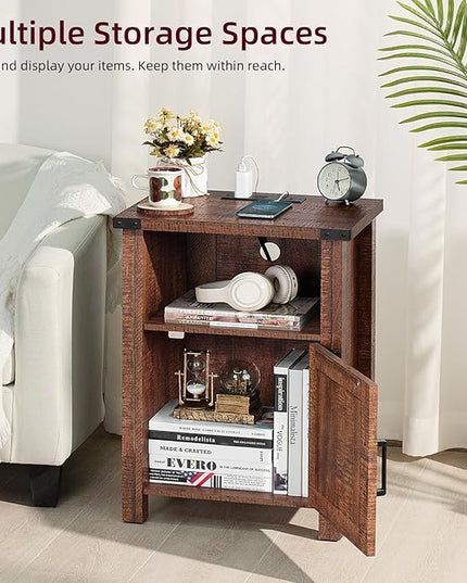 Night Stand Set of 2, 18 Inch Farmhouse Nightstand with with Charging Station and USB Port, Rustic Wood Bedside Table with Magnetic Door, Bed Side Tables for Bedroom, Reclaimed Barnwood - LeafyLoom