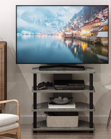 Furinno Turn-N-Tube Easy Assembly 4-Tier Petite Entertainment Center / TV Stand / TV Unit / TV Desk, French Oak Grey/Black - LeafyLoom