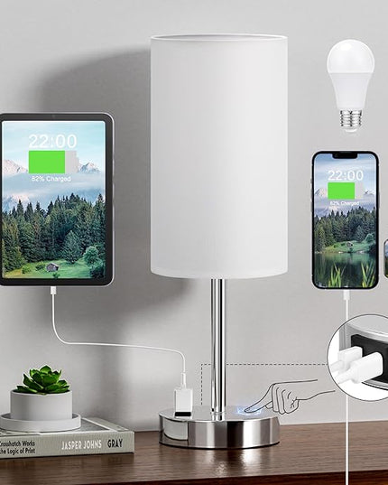 Touch Bedside Lamp - White, 3-Way Dimmable, USB A + C Charging, AC Outlet, 17.4inch Medium - LeafyLoom