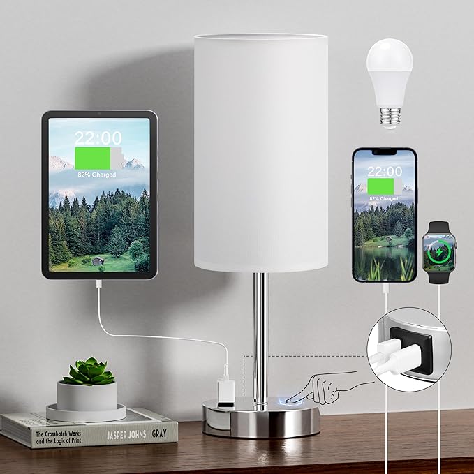 Touch Bedside Lamp - White, 3-Way Dimmable, USB A + C Charging, AC Outlet, 17.4inch Medium - LeafyLoom