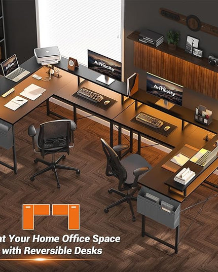 armocity L Shaped Computer Desk with Power Outlets, Small Gaming Desk L Shaped with LED Lights, 40 Inch Corner Desk with Storage Shelves, Work Study Desk for Bedroom, Home Office Small Spaces, Black - LeafyLoom