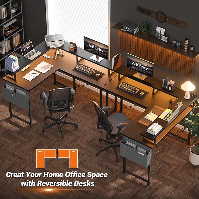 armocity L Shaped Computer Desk with Power Outlets, Small Gaming Desk L Shaped with LED Lights, 40 Inch Corner Desk with Storage Shelves, Work Study Desk for Bedroom, Home Office Small Spaces, Black - LeafyLoom