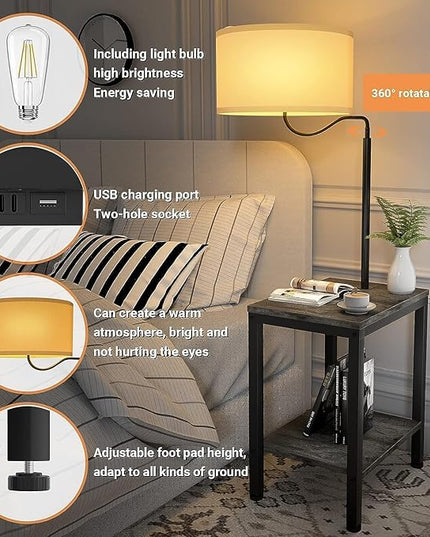 LED Floor Lamp with Table, Side Table with LED Light and Power Outlet, Nightstand with Lamp, End Table with Lamp Attached for Living Room, Bedroom, USB Ports, Bulb Included, Black Oak, 2 Pack - LeafyLoom