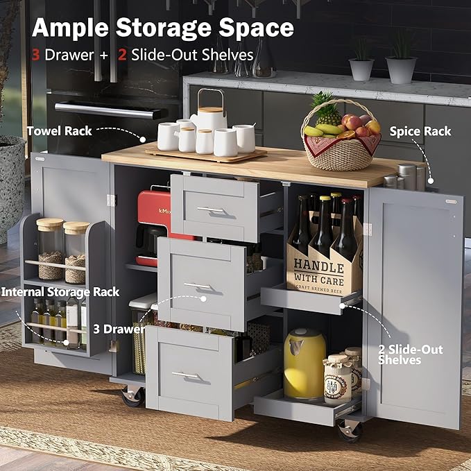 Kitchen Island with Storage, Rolling Extended Table on Wheels w/3 Drawer, 2 Slide-Out Shelf and Internal Storage Spice&Tower Rack for Dinning Room - LeafyLoom