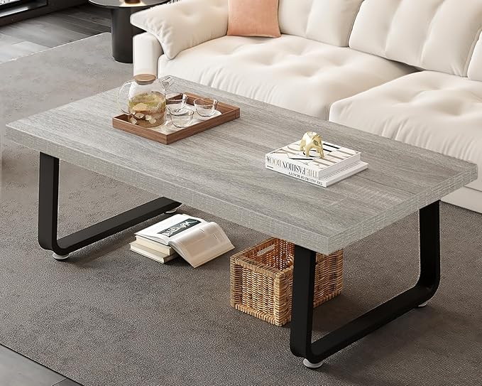 HSH Industrial Coffee Table, Modern Minimalist Center Table, Wooden Rectangle Living Room Table for Small Space, Farmhouse Wood and Metal Tea Table for Home Bedroom Office, Light Grey Oak, 47 in - LeafyLoom