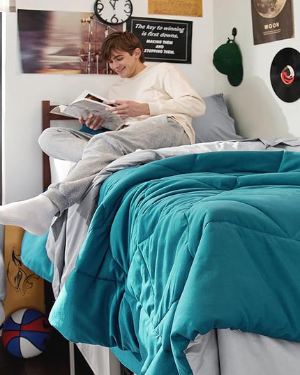 Bedsure Teal Twin Comforter Set - 5 Pieces Reversible Twin Bed in a Bag, Extra Long Twin Bed Set with Comforters, Sheets, Pillowcase & Sham, Twin Bedding Sets for College - LeafyLoom
