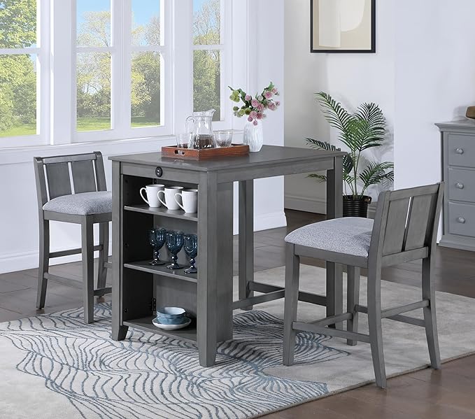 NicBex Kitchen Table for 2 Dining Room Table Set 3-Piece Small Space Counter Height Dining Table with Shelves and 2 Chairs for Small Space, Apartment, Breakfast Nook, Gray - LeafyLoom