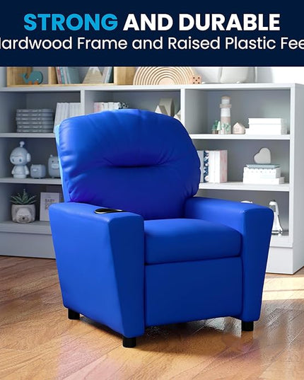 Flash Furniture Chandler Vinyl Kids Recliner with Cup Holder and Safety Recline, Contemporary Reclining Chair for Kids, Supports up to 90 lbs., Blue - LeafyLoom