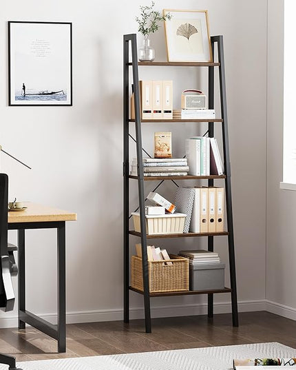 finetones 5-Tier Ladder Shelf, Ladder Bookshelf Bookcase with Metal Frame, Plant Rack Display Shelf Accent Furniture for Home Office, Black/Rustic Brown - LeafyLoom
