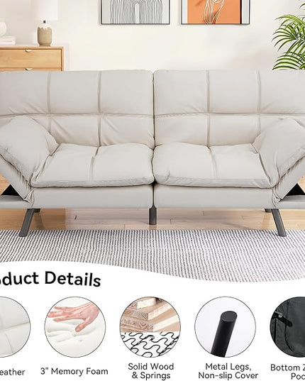 Memory Foam Faux Leather Futon Sofa Bed Couch,Convertible Futon Sofa Couch,Loveseat Sleeper Sofa Bed,Small Splitback Modern Sofa Bed for Living Room,Office,Apartment,White - LeafyLoom