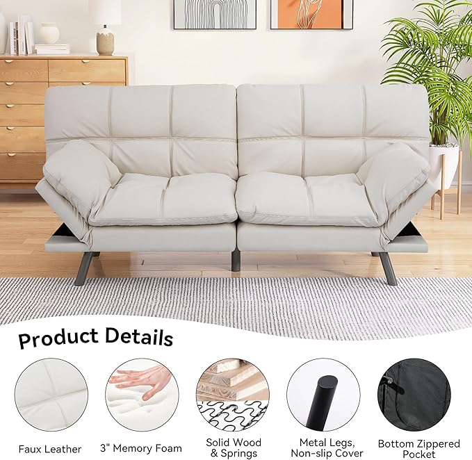 Memory Foam Faux Leather Futon Sofa Bed Couch,Convertible Futon Sofa Couch,Loveseat Sleeper Sofa Bed,Small Splitback Modern Sofa Bed for Living Room,Office,Apartment,White - LeafyLoom